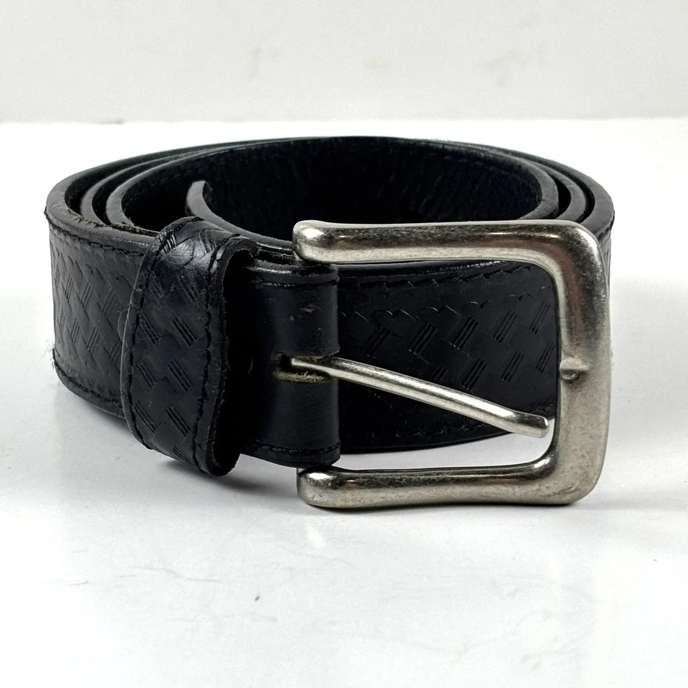 Leather Belt Mens‎ 36 Black Basketweave Embossed Silver Buckle